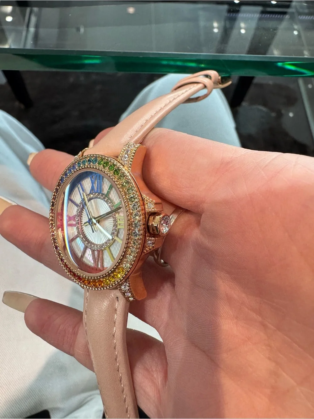 New Judith Ripka Rose Gold-Tone Rainbow Diamonique Watch w/ Pink Leather Strap